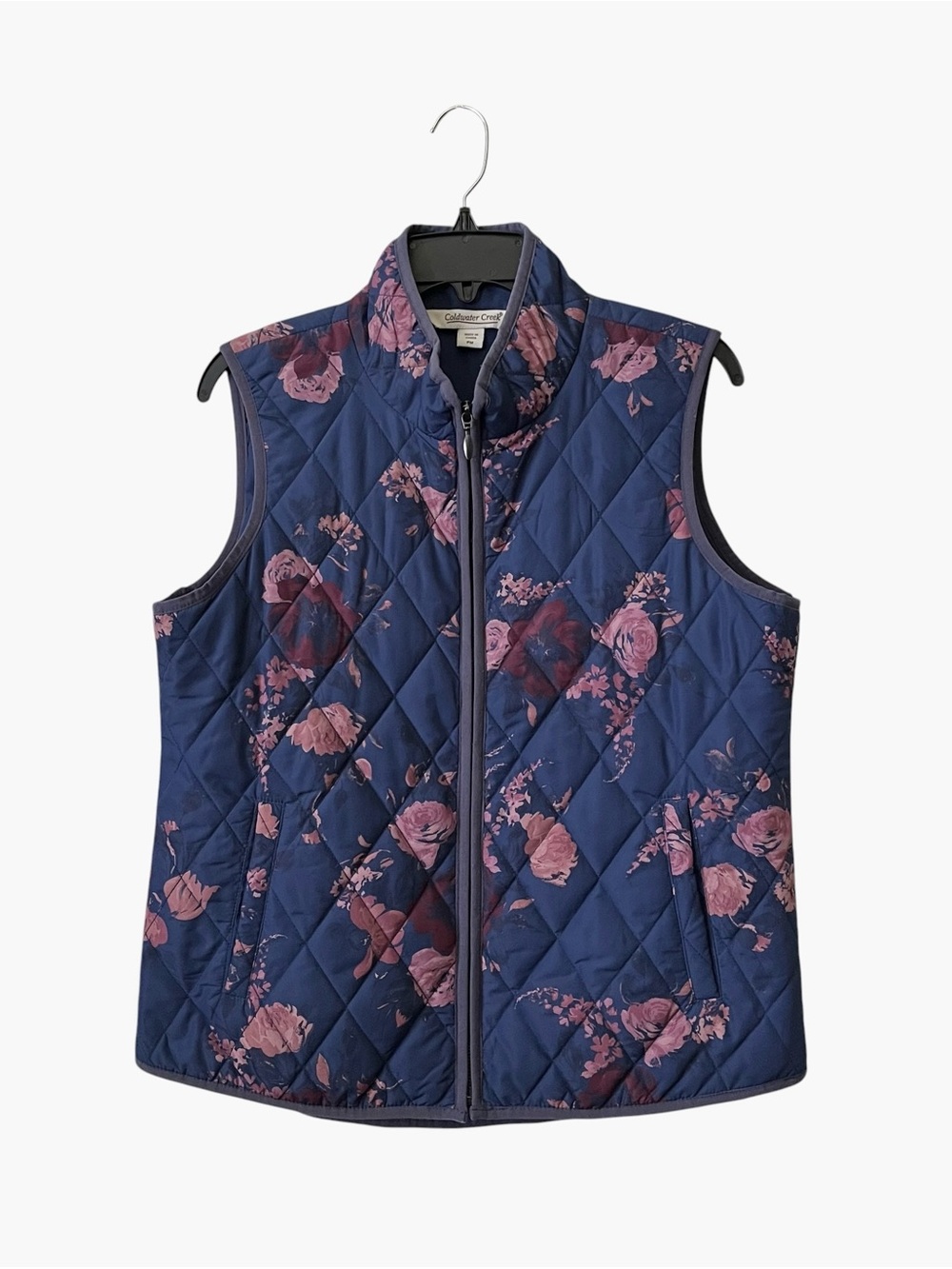 Coldwater Creek Vest Women's Size PM Blue Pink Floral Quilted Cabincore Pockets